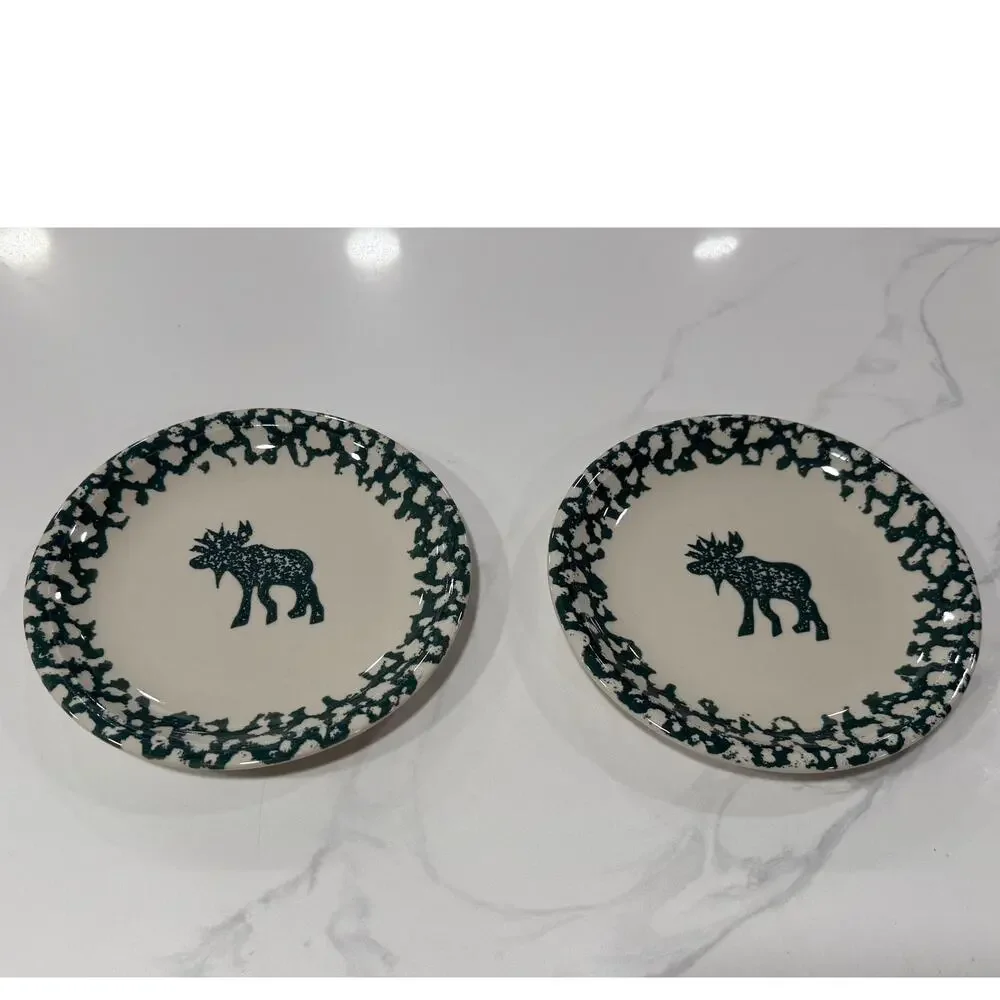 VINTAGE Tienshan Moose Country Salad Plates Set 2 Folk Craft Spongeware 8 Inch